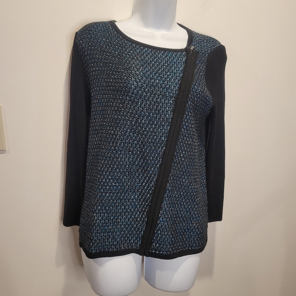 St john size 8 blue/black wool blend asymmetrical zip knit cardigan - Picture 1 of 8